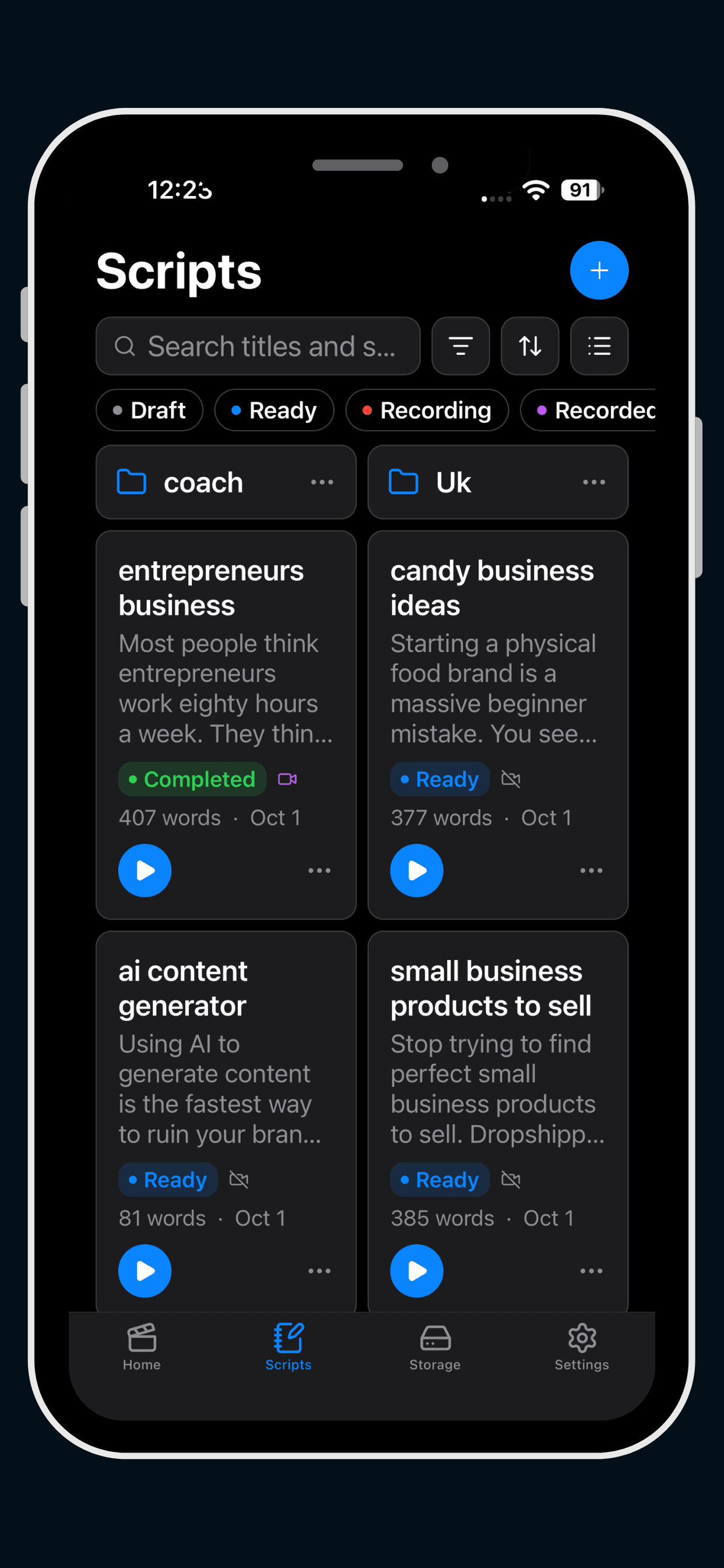 Eranol iOS app Scripts screen with a search bar, status filters, folders and script cards
