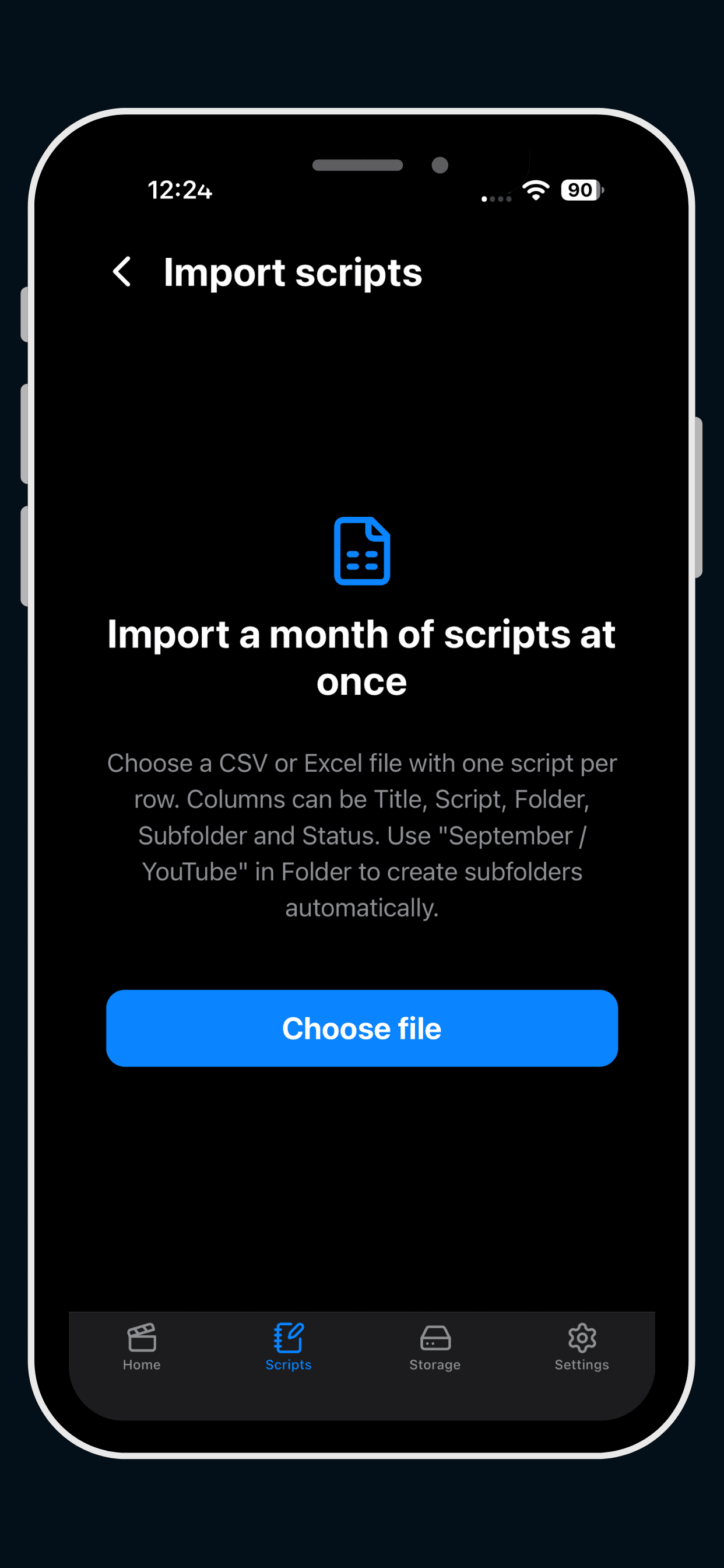 Eranol iOS app Import scripts screen explaining how to import a month of scripts from a CSV or Excel file