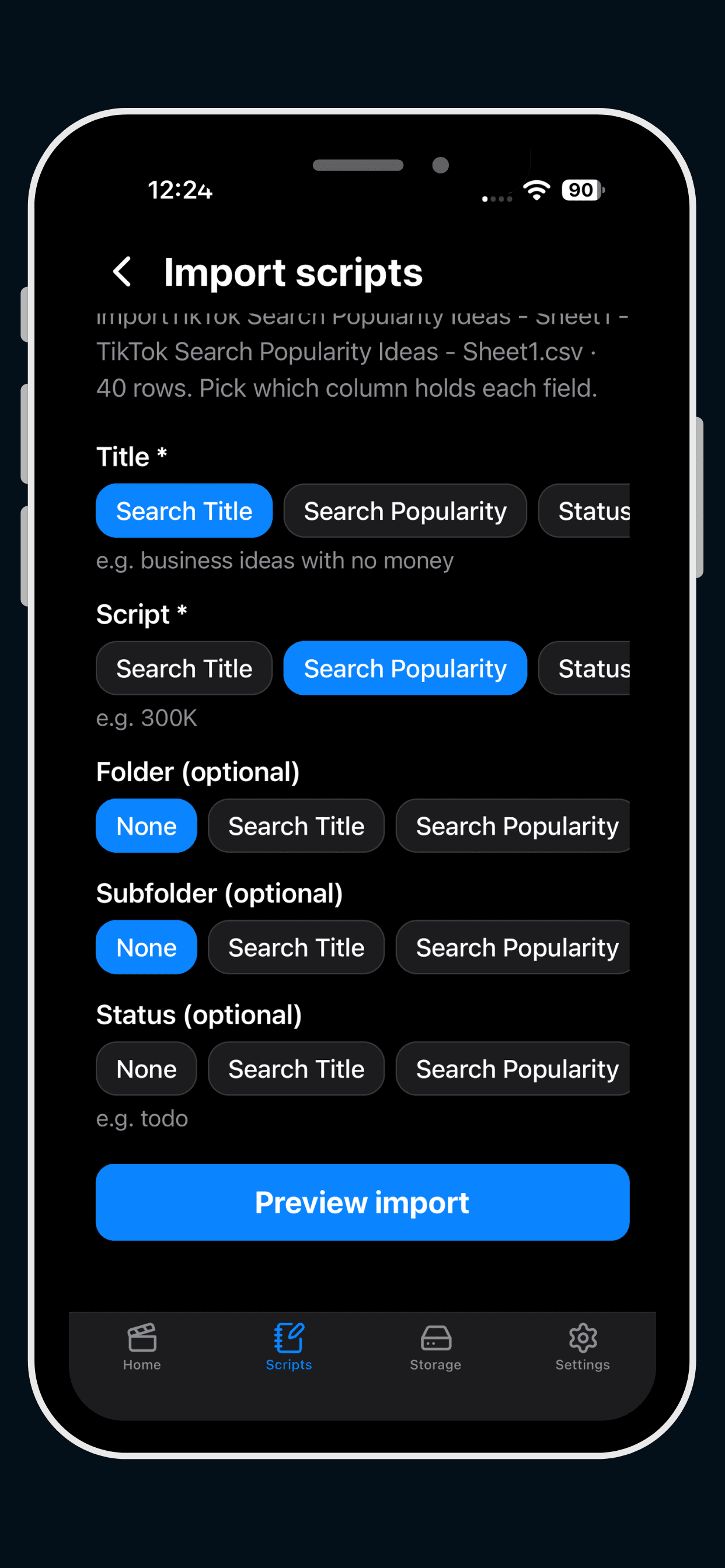 Eranol iOS app column mapping screen with Title, Script, Folder, Subfolder and Status options and a Preview import button
